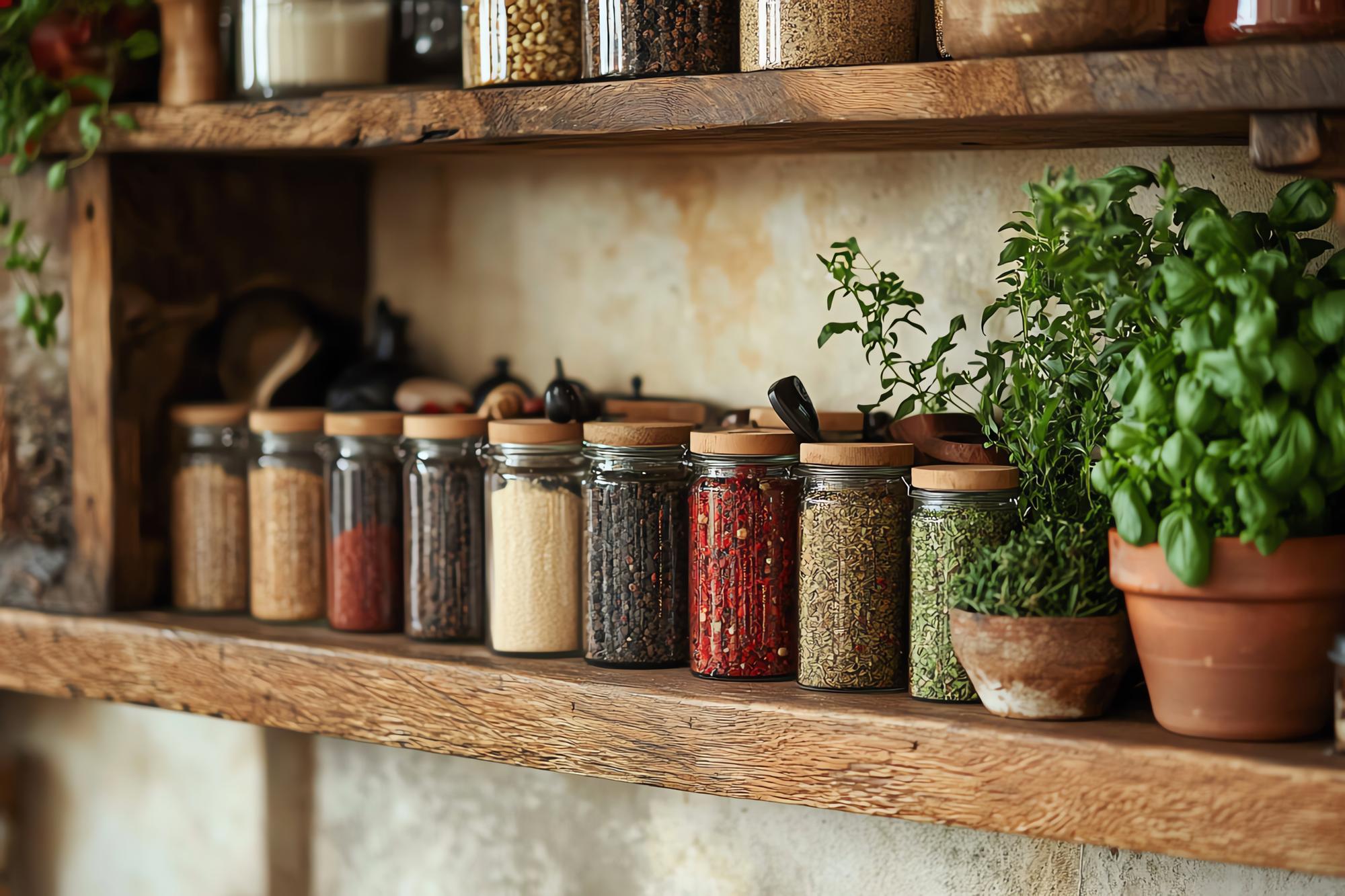 Interior of a small artisan kitchen with jars and herbs